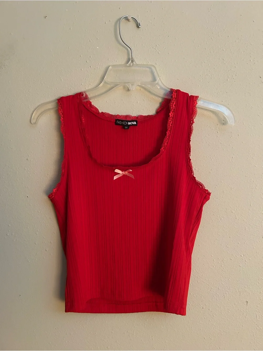 Fashion Nova Red Ribbed Lace-Trim Tank with Bow Accent and matching skirt set